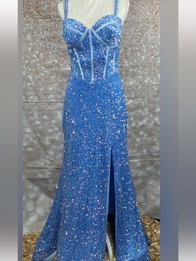 Blue Velvet Sequin Prom Gown with Corset Bodice